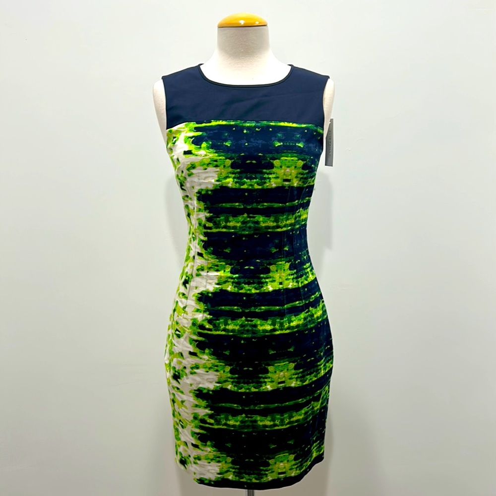 Elie Tahari Navy and Lime Abstract Print Midi Dress